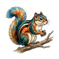 Colorful squirrel with blue and orange fur perched on branch, isolated on white background for design, clipart, and print applications.