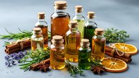 Collection of natural essential oils in glass bottles with herbs, spices and dried citrus for aromatherapy, wellness and spa treatments.