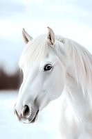 Majestic white horse portrait against snowy winter background, close-up view showing gentle eye and delicate features of pure breed equine face.