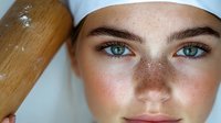 Young Caucasian woman with freckles and blue eyes applying skincare routine with wooden facial roller for natural beauty and wellness concept.