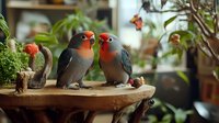 Pair of lovebirds perched on wooden surface with strawberries and greenery in soft natural lighting, creating romantic mood for greeting cards and valentines designs.