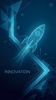 Digital rocket launch with geometric wireframe design on blue technology background representing startup innovation and business growth concept.