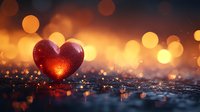 Red heart glowing against blurred golden bokeh lights background with reflective surface, creating romantic and dreamy atmosphere for Valentine's Day designs.