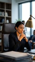Thoughtful Hispanic businesswoman in dark suit contemplating strategy at modern office desk with laptop and documents in corporate workspace.