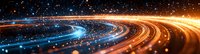 Glowing spiral streams of orange and blue light trails against starry space background create dynamic motion effect for technology and future concepts.