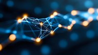 Glowing network connections with orange light nodes on dark blue background illustrate digital transformation and technological advancement concept.