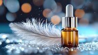 White feather next to amber essential oil dropper bottle on sparkling surface with dreamy bokeh lights in blue and orange tones creating magical spa atmosphere.