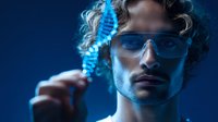 Young male scientist in protective glasses examining glowing blue DNA hologram strand against dark background with dramatic lighting and futuristic atmosphere.