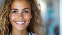 Young mixed race woman with curly hair and bright genuine smile showing white teeth against blurred background. Natural beauty and happiness concept.