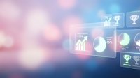 Business analytics dashboard with charts and graphs on colorful bokeh background for data visualization and performance tracking presentations.