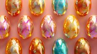 Iridescent holographic Easter eggs in rows on pink background create mesmerizing pattern with golden, turquoise and purple reflective surfaces. Modern festive concept.