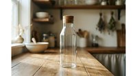 Empty glass bottle with cork stopper on wooden kitchen table, suitable for beverage packaging, home decor, and culinary content.