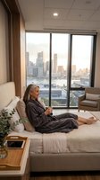 Young blonde woman relaxing in modern hotel room with city skyline view through large windows, enjoying morning coffee in comfortable robe.