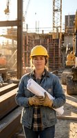 Female construction worker in yellow hard hat holding blueprints at building site with cranes and equipment in background during golden hour sunset.