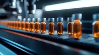 Pharmaceutical production line with amber glass vials on conveyor belt in modern sterile manufacturing facility for medicine and vaccine production.