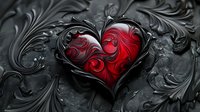 Red heart with ornate black filigree swirls and baroque decorative elements on dark textured background creates dramatic gothic romantic mood.