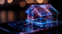 Futuristic smart home concept with glowing blue wireframe house model on digital circuit background, representing modern home automation and IoT technology.