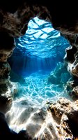 Underwater cave opening with sunlight streaming through crystal clear blue water, creating mesmerizing light patterns on rocky formations and sandy bottom.