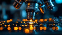 Microscope lens with glowing orange bokeh lights against dark blue background, scientific research equipment in laboratory setting creating dramatic lighting effect.