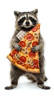 Funny raccoon holding pepperoni pizza slice with mushrooms on white background, isolated for design use in advertising and humorous content.