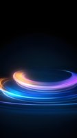 Dynamic light trails forming curved paths against dark background, featuring vibrant blue, orange, and purple neon glowing streaks in spiral motion.