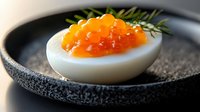 Gourmet deviled egg topped with bright orange caviar and fresh dill garnish served on elegant black ceramic plate for fine dining presentation.