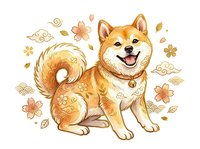 Happy Shiba Inu dog with fluffy tail surrounded by autumn leaves and flowers on white background, isolated clipart for design projects.