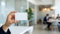 Hand holding blank white business card in modern office environment with blurred colleagues and green plants in background, suitable for corporate branding and business identity mockups.