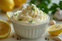 Creamy mayonnaise garnished with fresh parsley in white ceramic bowl, surrounded by lemon slices, garlic cloves and peppercorns on light surface.