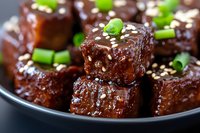 Glazed Asian pork belly bites garnished with sesame seeds and green onions on black plate, close up view of sticky caramelized meat cubes for appetizer menu.
