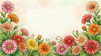 Watercolor floral border with colorful gerbera daisies in pink, orange, and yellow on a soft pastel background with copy space.