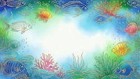 Underwater ocean scene with tropical fish, coral reef and marine life creating decorative border frame on blue green watercolor background for aquatic designs.