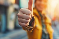 Close gesture against blurred urban background with person wearing yellow jacket, soft bokeh lighting effect.