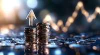 Stacked coins with upward arrow symbol on dark background with bokeh lights, representing financial growth, investment success and rising profits.