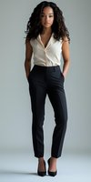 Young African American businesswoman in professional attire with long curly hair wearing white sleeveless blouse and black tailored pants against gray studio background.