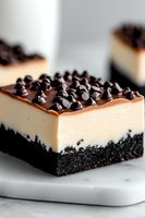Layered chocolate cheesecake bar with dark cookie crust, creamy vanilla filling, chocolate ganache topping and mini chocolate chips on marble surface.