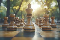 Wooden chess pieces on board with dramatic sunlight streaming through trees, king piece in focus surrounded by pawns, creating strategic atmosphere.