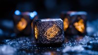 Glowing mystical dice with intricate celtic patterns on dark background with bokeh lights, magical gaming concept for fantasy tabletop role-playing games.