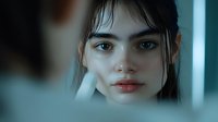 Young Asian woman with wet hair and natural makeup gazes intensely through mirror reflection in moody atmospheric lighting, creating dramatic portrait composition.