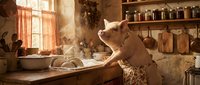 Anthropomorphic pig chef in apron cooking in rustic farmhouse kitchen with wooden shelves, pots, and warm sunlight streaming through checkered curtains.
