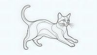 Playful cat stretching in simple line art style isolated on transparent background for coloring books and design projects.