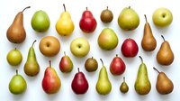 Assorted fresh pears and apples with stems arranged on white background, isolated produce for food packaging, culinary design, grocery retail marketing, and healthy eating content.