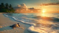Baby sea turtle crawling on tropical beach at sunset, waves washing ashore with golden sunlight reflecting on ocean water and palm trees silhouettes.