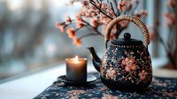 Atmospheric oriental teapot with floral pattern and bamboo handle alongside burning candle on matching tablecloth, coral flowers in soft window light.