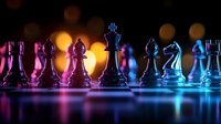 Glowing chess pieces in neon pink and blue colors on reflective surface with bokeh lights background create dramatic gaming atmosphere and strategic concept.