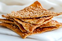 Crispy layered crackers with golden sesame seeds stacked on white linen cloth, macro food photography showing texture and detail of baked snacks.