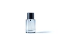 Clear glass perfume bottle with black cap on white background, minimalist luxury fragrance container design isolated for cosmetic and beauty marketing.