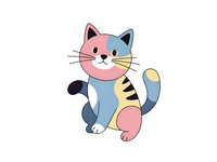 Adorable multicolored cartoon cat with pink, blue and yellow patches sitting playfully on white background, isolated for clipart and design projects.