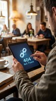 Man holding tablet displaying 404 error message in casual cafe setting with blurred customers and hanging lights in background. Website troubleshooting.