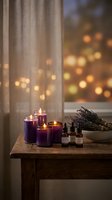 Cozy spa aromatherapy setup with purple candles, essential oil bottles and dried lavender on wooden table creating relaxing wellness atmosphere.